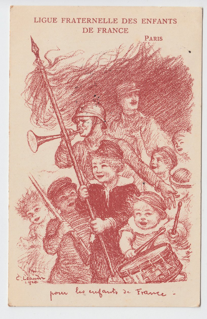 明信片，Satirique en Colors: Ligue fraternelle des enfants de France - War of 14 -18, Childhood, Journees patriotiques 插图 by Charles Leandre (1862-1934) 作者 查尔斯·莱安德烈