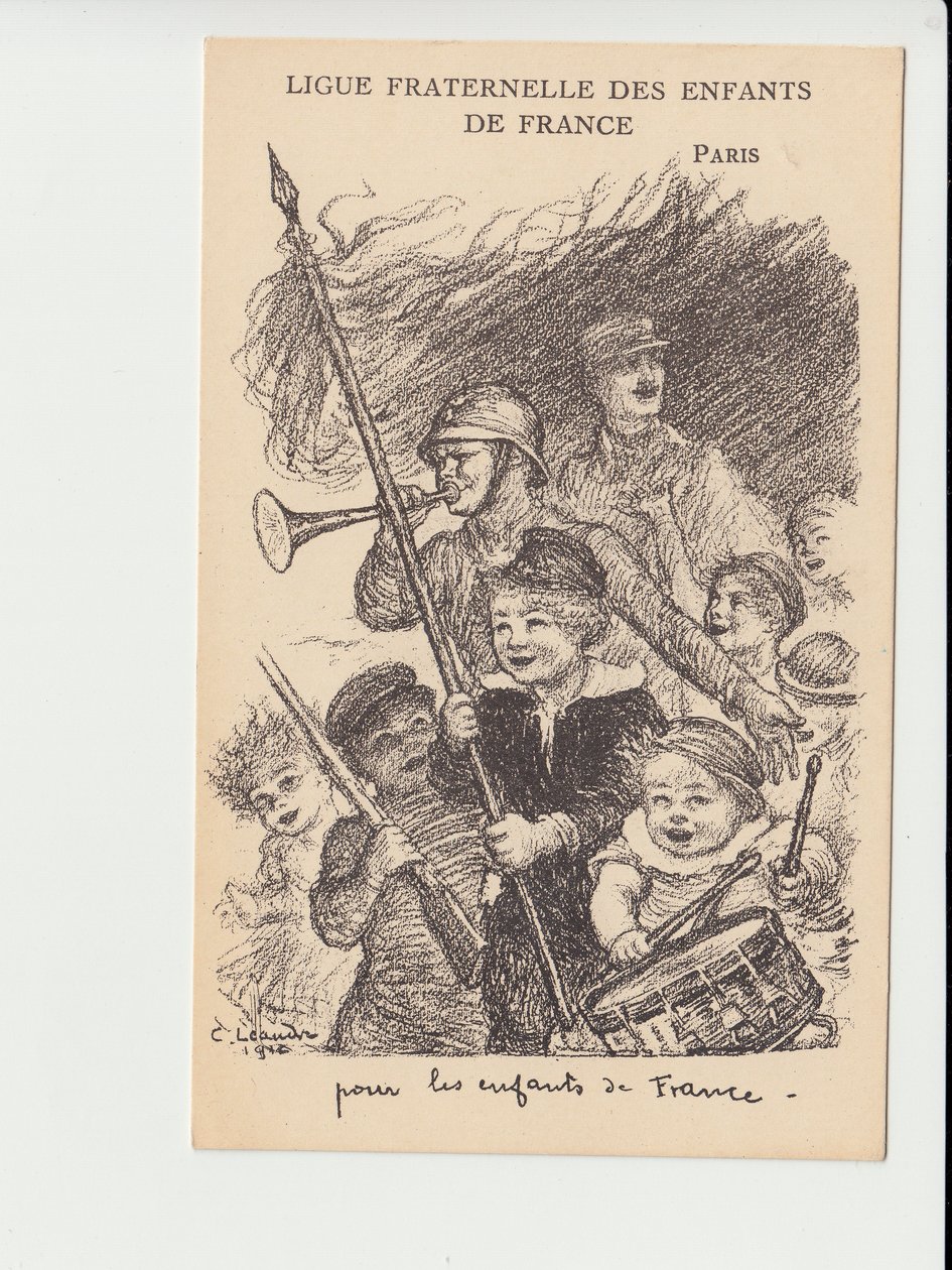 Postcard, Satirique en N & B: Ligue fraternelle des enfants de France - War of 14 -18, Music, Childhood, Ligue fraternelle des enfants de France - Soldiers Illustration by Charles Leandre (1862-1934) 作者 查尔斯·莱安德烈