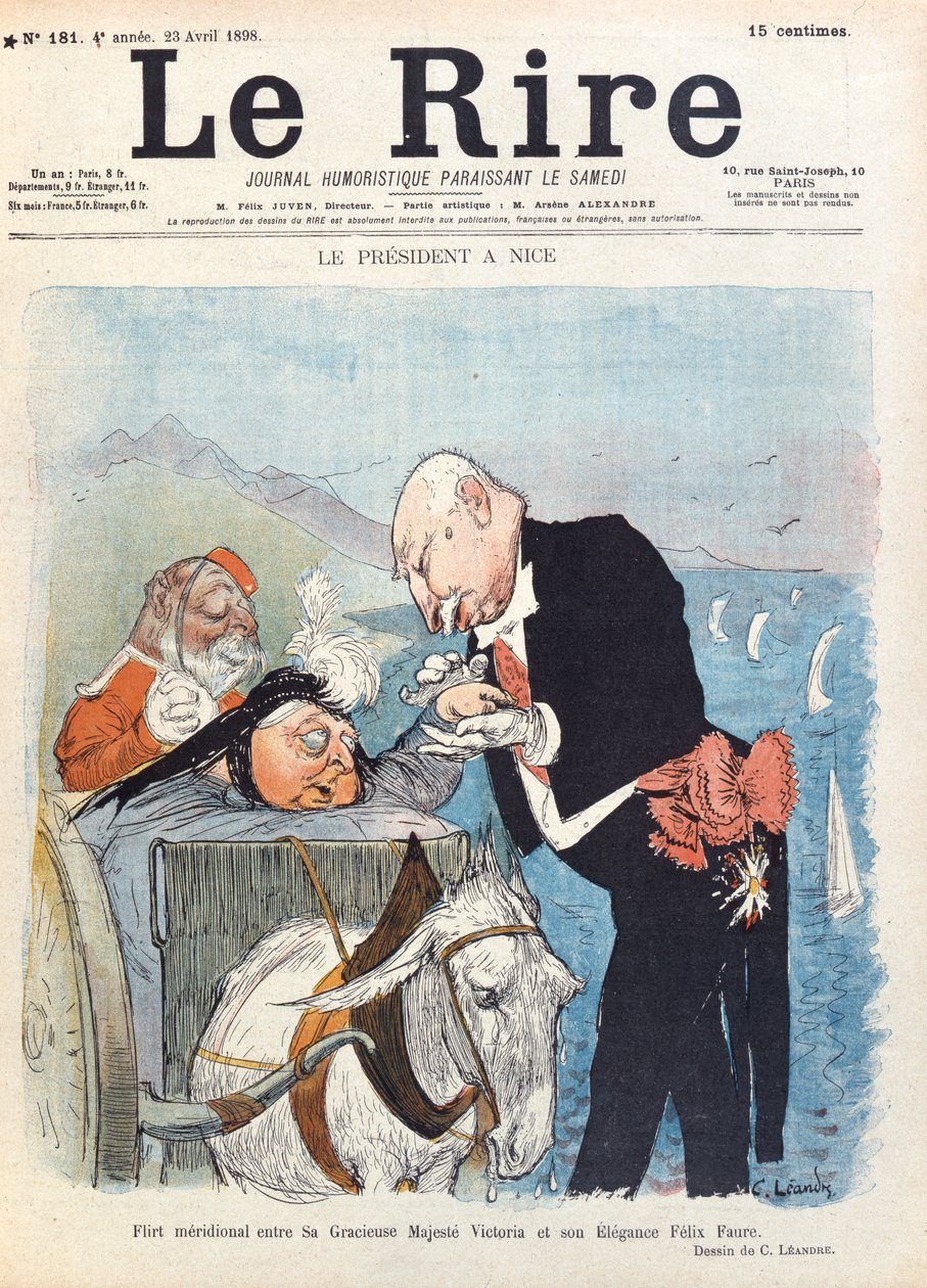 维多利亚女王（1819-1901）与总统菲利克斯·福尔（1841-99）在尼斯度假期间调情，1898年4月23日“Le Rire”杂志封面 作者 查尔斯·莱安德烈