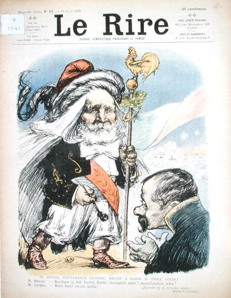 阿尔及利亚总督A.J.P. Revoil接待埃米尔-卢贝总统（1838-1929），漫画来自《新闻报》。 作者 查尔斯·莱安德烈