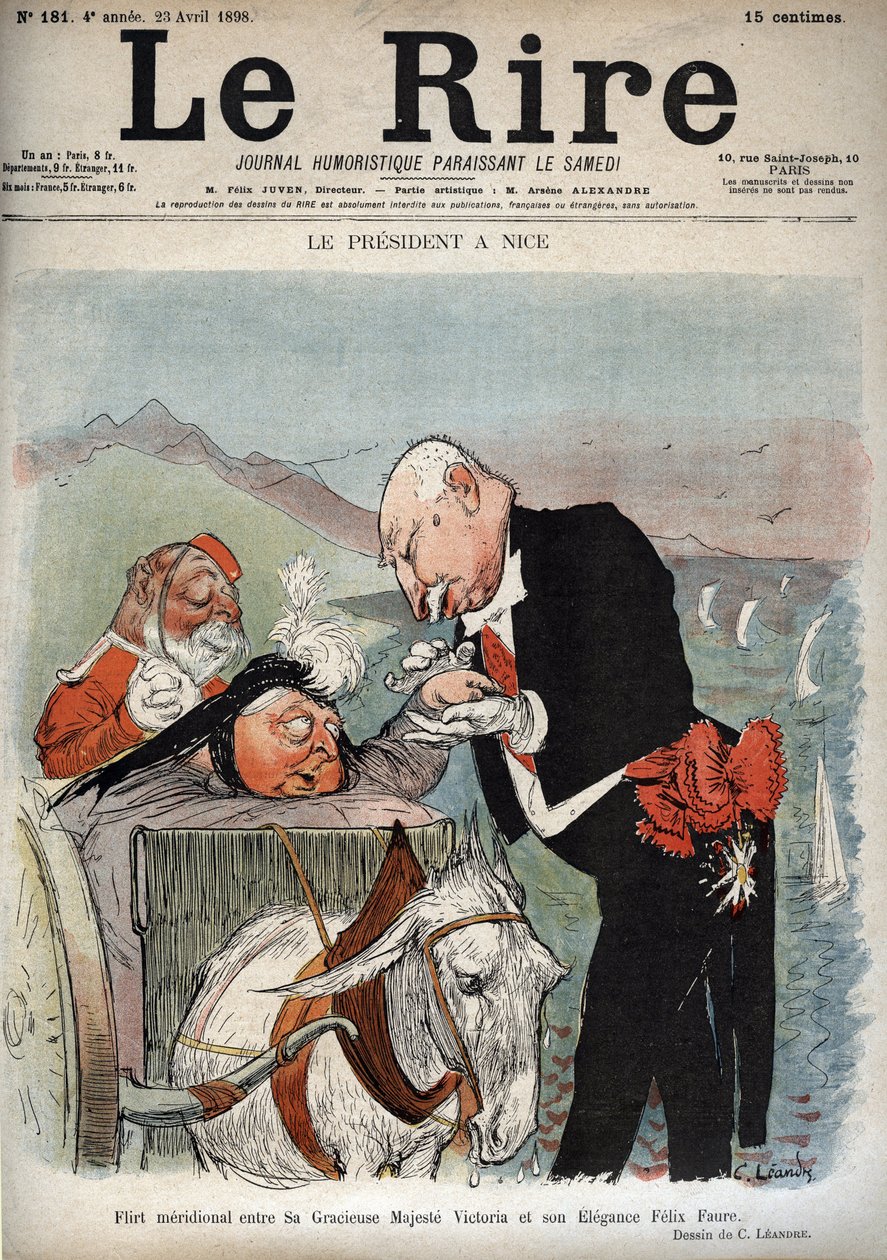 总统在尼斯--法国总统费利克斯-福尔在尼斯会见维多利亚女王--1898年4月23日 "Le Rire "杂志上查尔斯-莱昂德（1862-1934）的漫画。 作者 查尔斯·莱安德烈