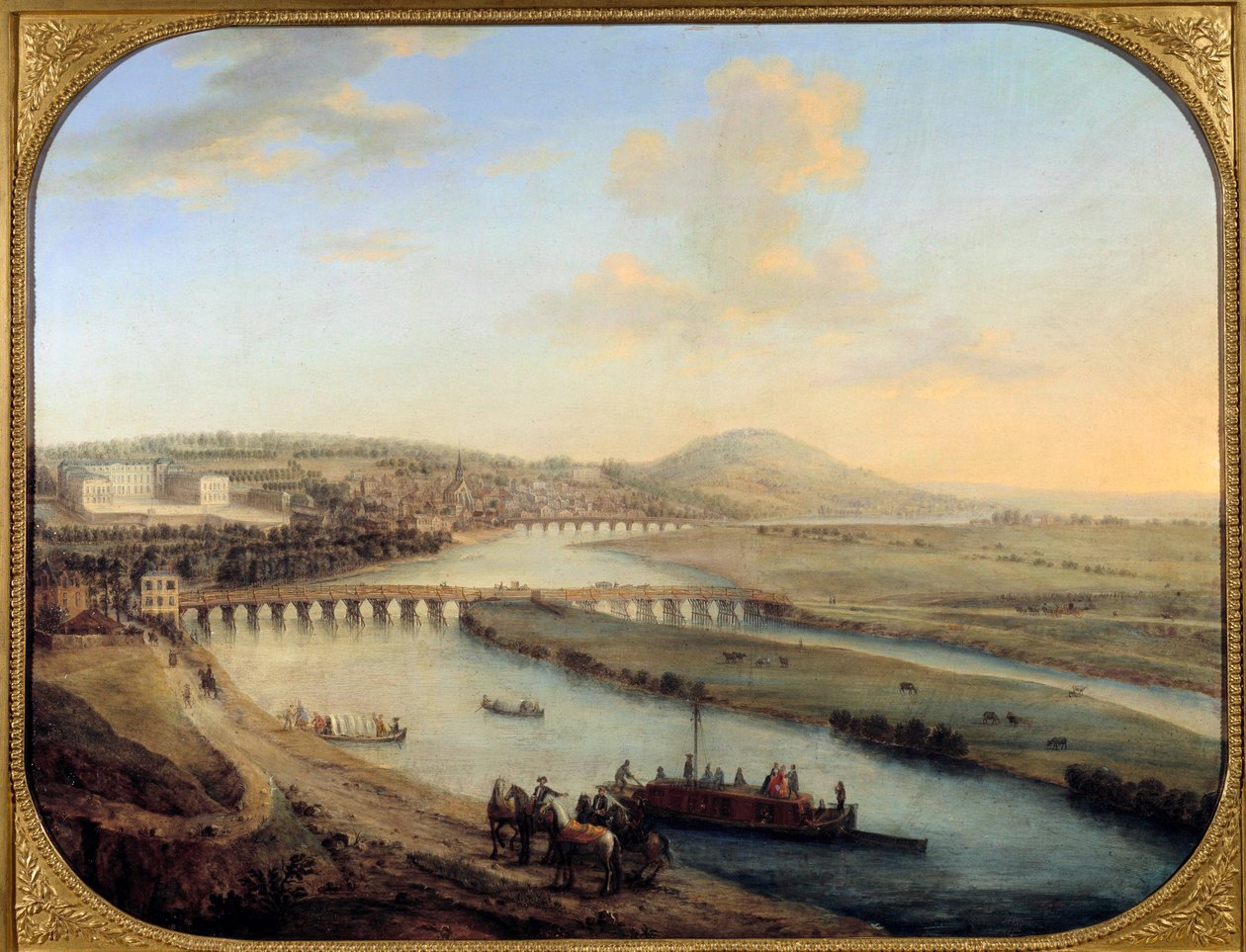 从巴黎西部看塞甘岛、塞夫勒桥和圣云全景。 Charles Grevenbroich (? -1758) 1738 年作画。 0,69x0,9 m 巴黎，卡纳瓦莱博物馆 作者 查尔斯·利奥波德·格雷文布鲁克