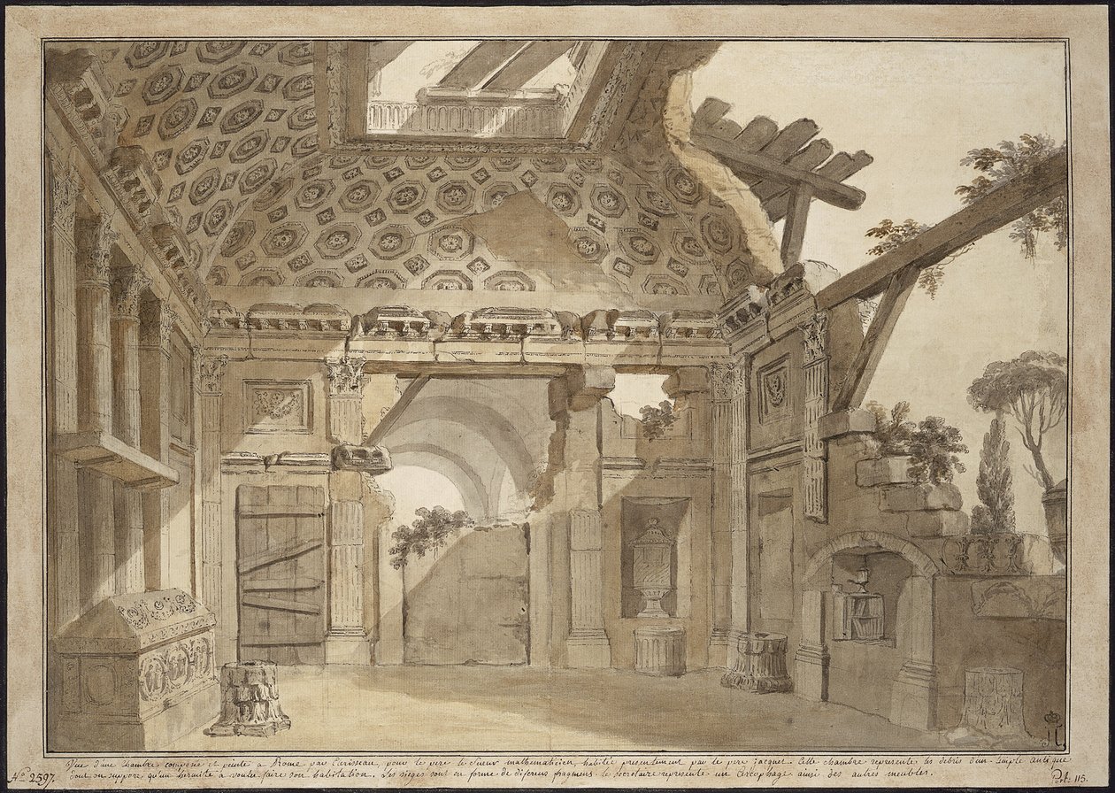 为罗马 Santissima Trinita dei Monti 修道院 Lesueur 神父的牢房中的画作设计 - Charles Louis Clerisseau (1722-1820)。 钢笔，毛笔，灰色和棕色墨水，纸本白色，约 1760 年。尺寸：36,9x53 厘米。 国家冬宫， 作者 查尔斯·路易斯·克莱里索