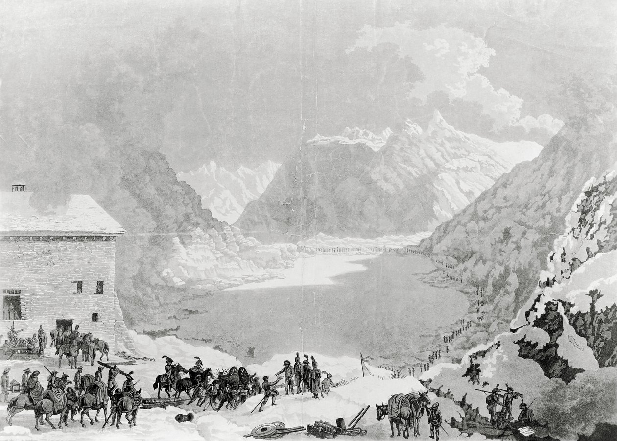 法国第一领事拿破仑·波拿巴 (1769-1821) 的军队在大圣伯纳德山口临终关怀中心，5 月 20 日 作者 查尔斯·路易斯·卢西安·穆勒