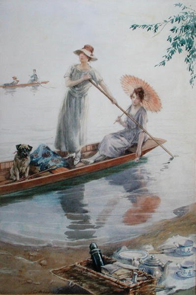 两个女孩带着她们的宠物哈巴狗划船回他们的野餐（纸上水彩画） 作者 Charles MacIvor或MacIver Grierson