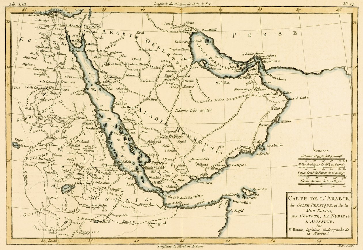 阿拉伯，波斯湾和红海，与埃及，努比亚和阿比西尼亚，来自&39;Atlas de Toutes les Parties Connues du Globe Terrestre&39;由Guillaume Raynal（1713-96）出版日内瓦，1780年（彩色） 作者 查尔斯·玛丽·里戈伯特·邦纳
