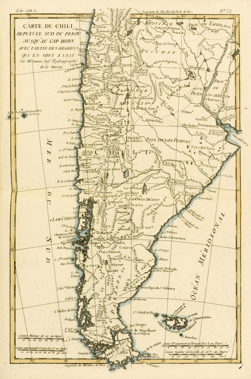 智利，从秘鲁南部到Cape Horn，由Guillaume Raynal（1713-96）出版的“Atlas de Toutes les Parties Connues du Globe Terrestre”出版日内瓦，1780年 作者 查尔斯·玛丽·里戈伯特·邦纳