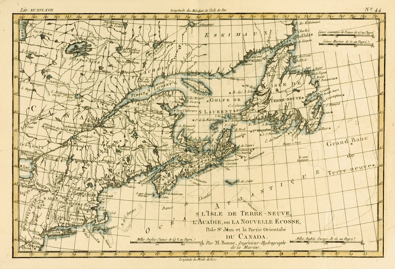 加拿大东部，纽芬兰，新斯科舍省和圣约翰岛，来自Guillaume Raynal（1713-96）的地球所有已知部分地图集，由JL Pellet出版，日内瓦，1780年（彩色en 作者 查尔斯·玛丽·里戈伯特·邦纳