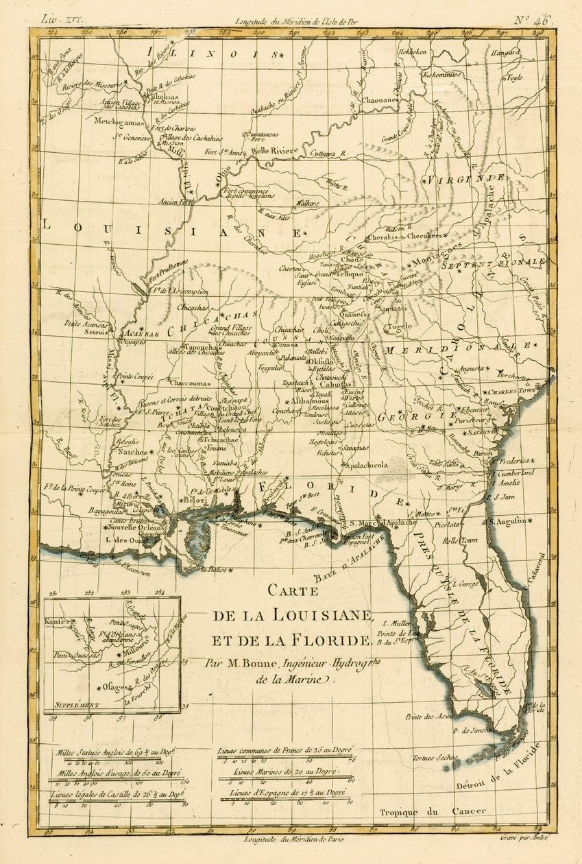 路易斯安那州和佛罗里达州，来自Guillaume Raynal（1713-96）的“地球全球知名地图集”，出版于1780年日内瓦JL Pellet 作者 查尔斯·玛丽·里戈伯特·邦纳