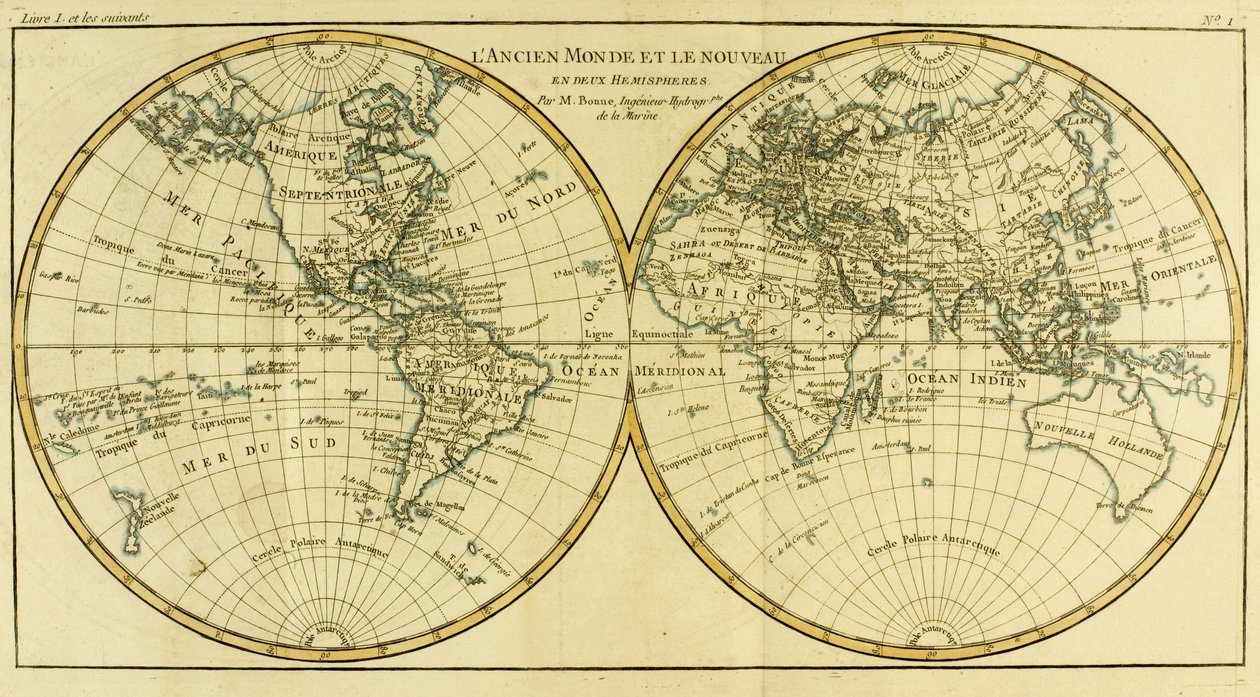 来自Guillaume Raynal（1713-96）的“地球上所有已知部分地图集”的两个半球世界地图出版日内瓦，1780年 作者 查尔斯·玛丽·里戈伯特·邦纳