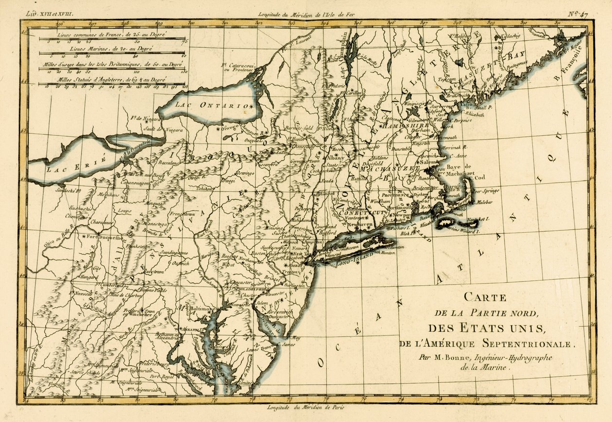 美国东北海岸，来自Guillaume Raynal（1713-96）的“地球上所有已知部分地图集”，出版于1780年日内瓦JL Pellet 作者 查尔斯·玛丽·里戈伯特·邦纳
