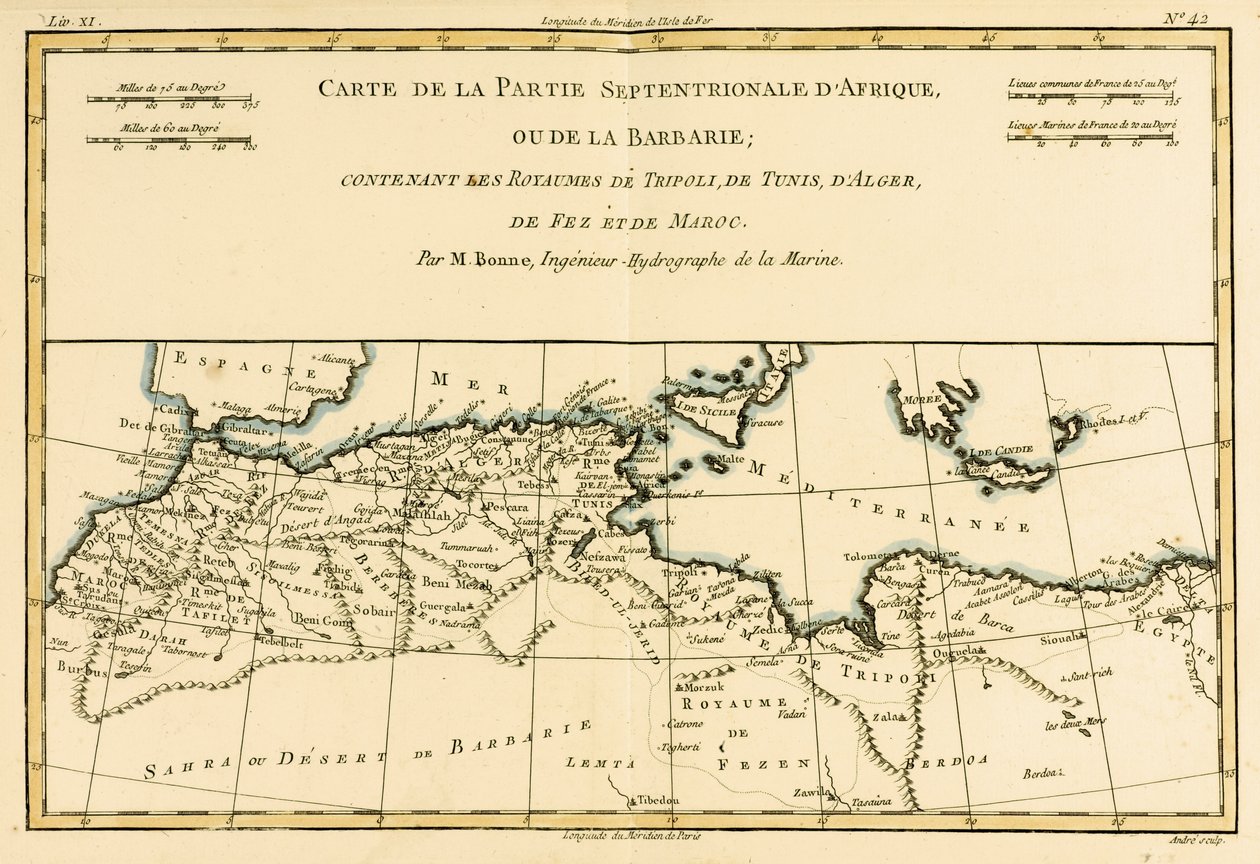 北非，包括的黎波里王国，突尼斯，阿尔及尔;菲斯和摩洛哥，来自Guillaume Raynal（1713-96）的地球全部已知部分地图集出版日内瓦，1780年（颜色 作者 查尔斯·玛丽·里戈伯特·邦纳