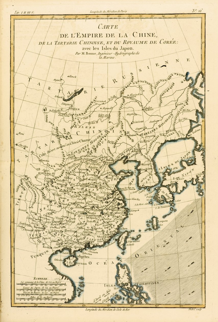 中国帝国，中国鞑靼人和韩国，与日本群岛，来自Atlas de Toutes les Parties Connues du Globe Terrestre由Guillaume Raynal（1713-96）出版1780年（colou） 作者 查尔斯·玛丽·里戈伯特·邦纳