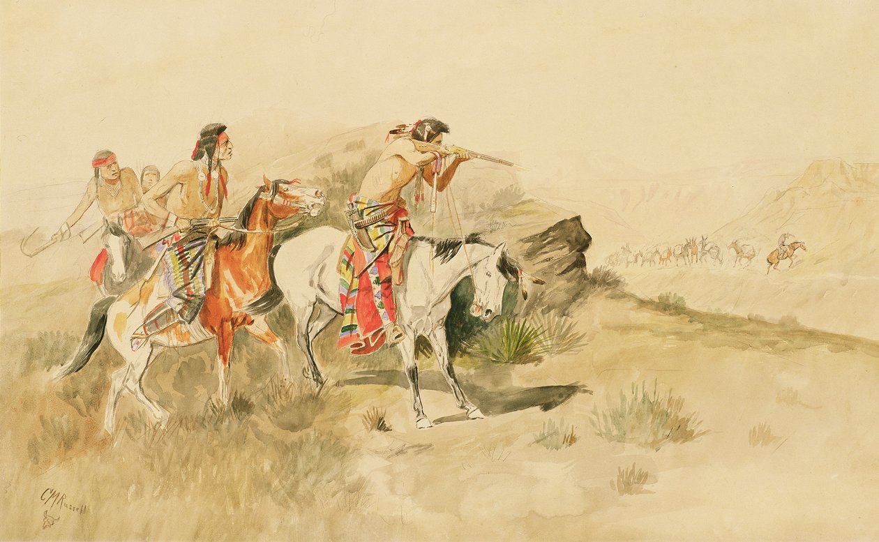 攻击Muleteers，c.1895（铅笔和纸上的wc） 作者 查尔斯·马里恩·拉塞尔
