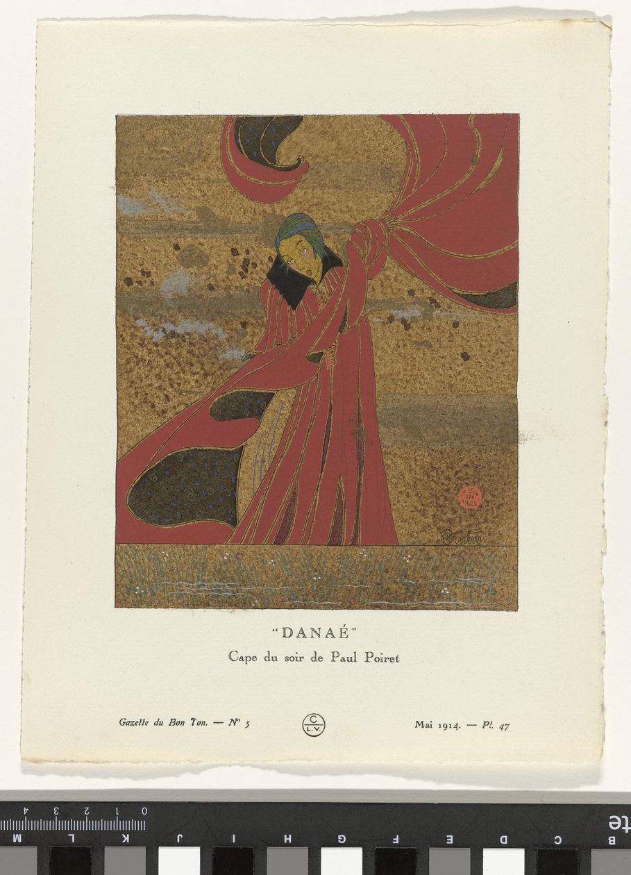 Gazette du Bon Ton，1914 年 - 第 5 期，Pl.47: Danaé / Cape du soir by Paul Poiret（标题在实物上） 作者 查尔斯·马丁
