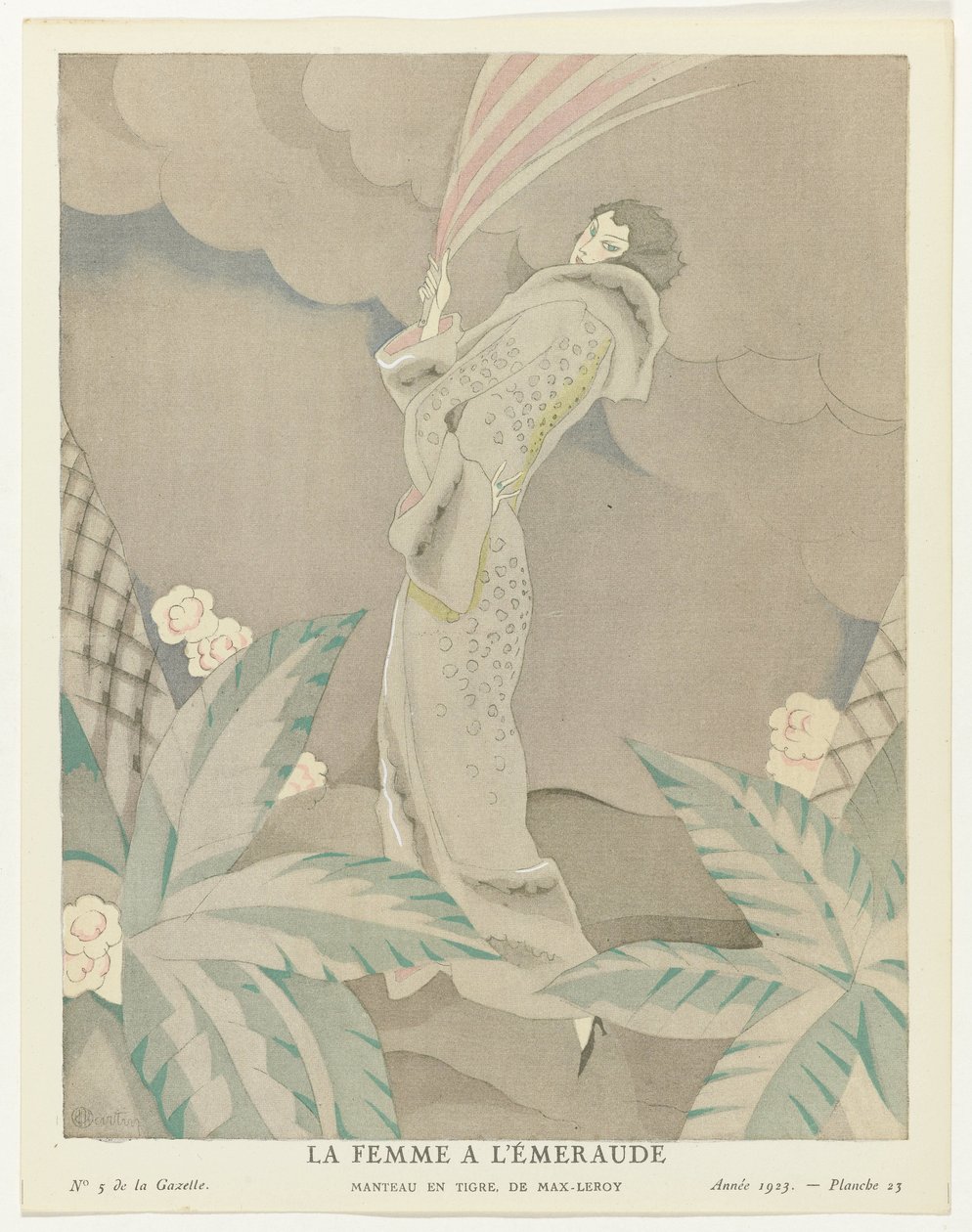 Gazette du Bon Ton 1923 年，第 5 期，第 23 版：《戴祖母绿的女人 - 老虎外套》，作者 Max-Leroy（物品上的标题） 作者 查尔斯·马丁
