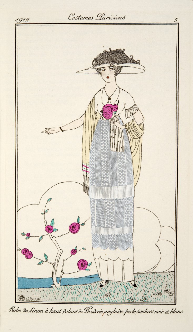 黑白珍珠刺绣荷叶边高跟连衣裙，5号板，巴黎服饰出版于Journal des Dames et des Modes，1912年（手工彩色雕刻） 作者 查尔斯·马丁