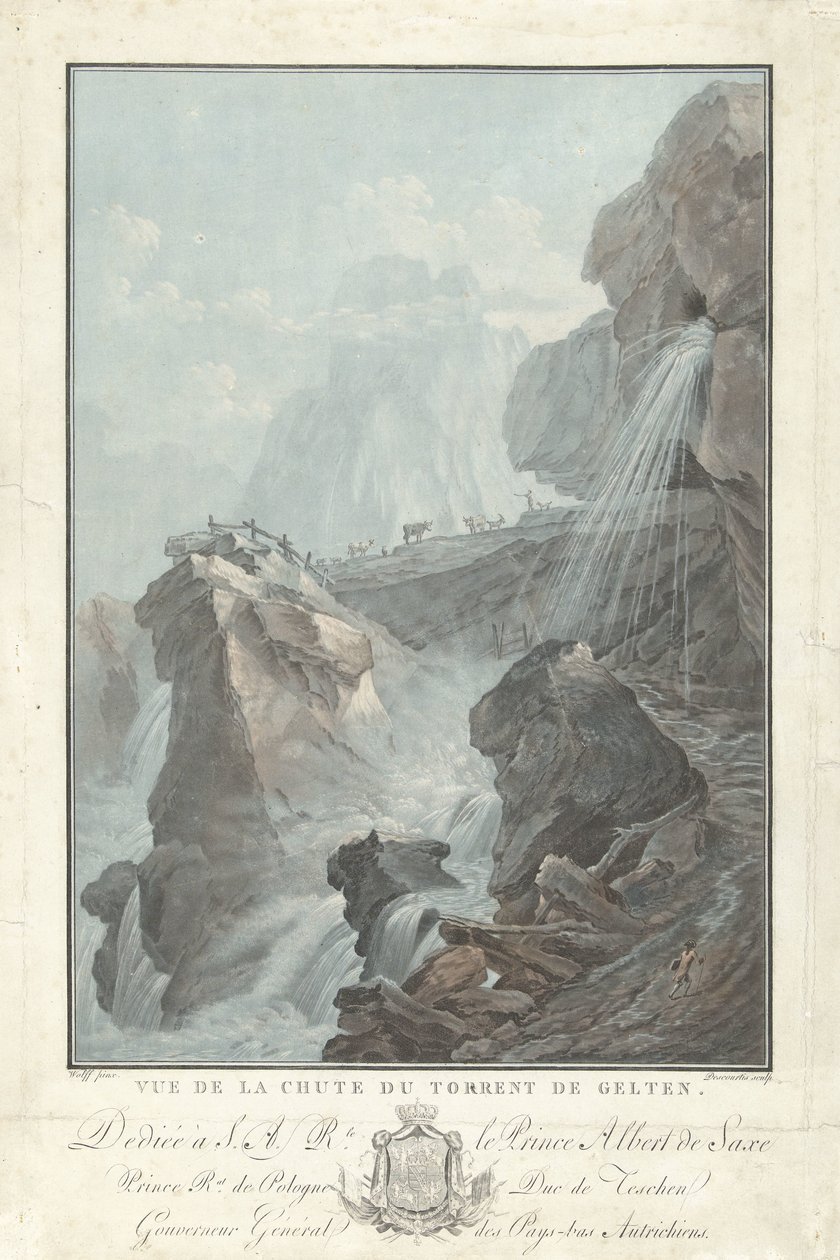盖尔滕水道景观
Chute du Torrent de Gelten 的景色（标题见实物）
瑞士山区的迷人景色（系列标题） 作者 查尔斯·梅尔基奥·Descourtis