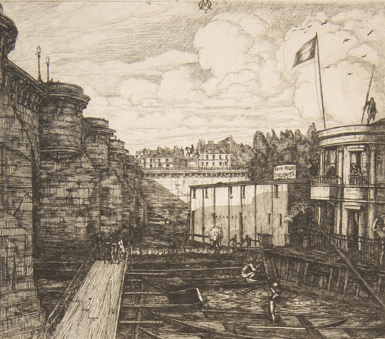 Bain-froid Chevrier Chevrier的冷水浴场，即学校浴场，巴黎，1864年。 作者 查尔斯·梅里昂