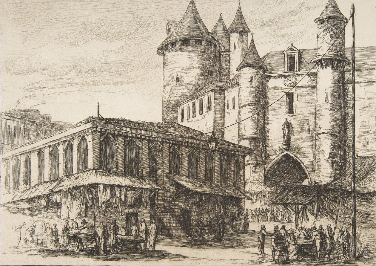 Le Grand Châtelet大城堡，巴黎，约1780年，根据早期的画作，1861年。 作者 查尔斯·梅里昂