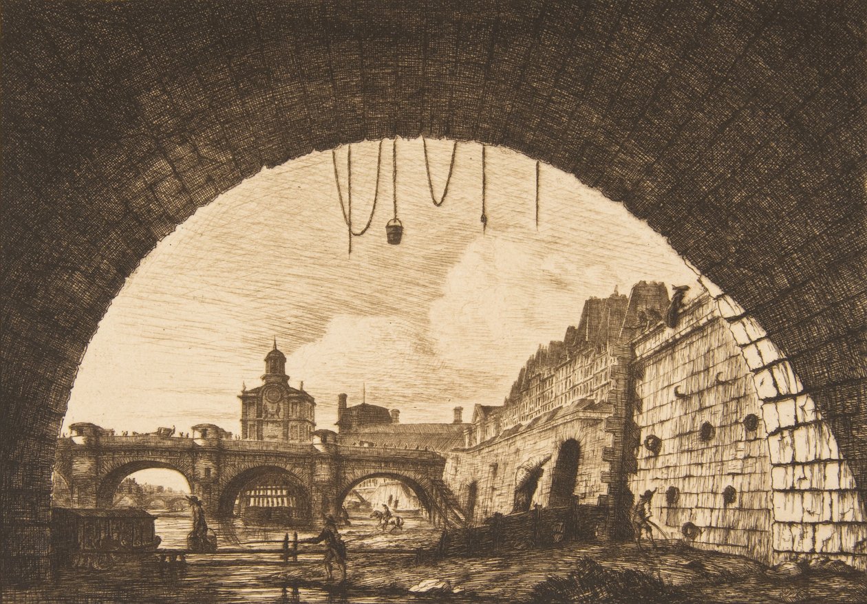 Le Pont-neuf et la Samaritaine de dessous la première arche du Pont-au-Change Pont-neuf...，1855。 作者 查尔斯·梅里昂