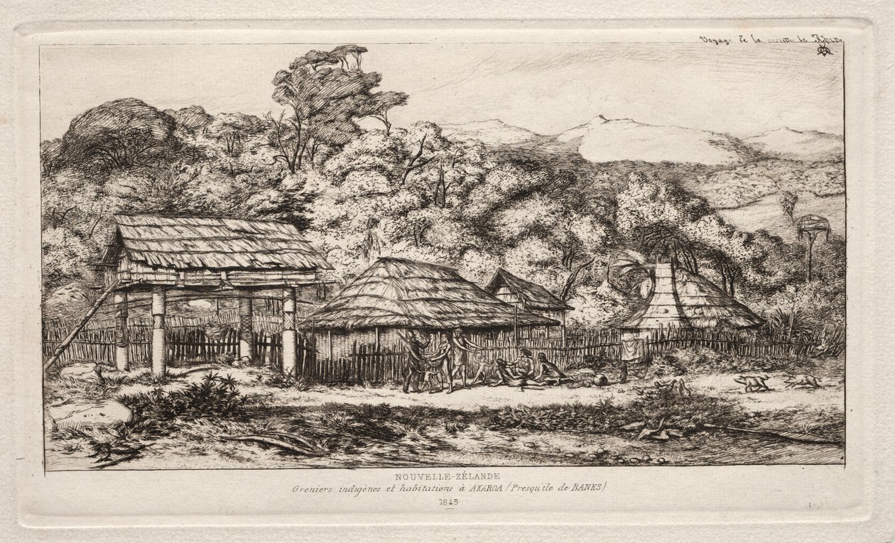 班克斯半岛阿卡罗阿的土著谷仓和小屋，1845 年 作者 查尔斯·梅里昂