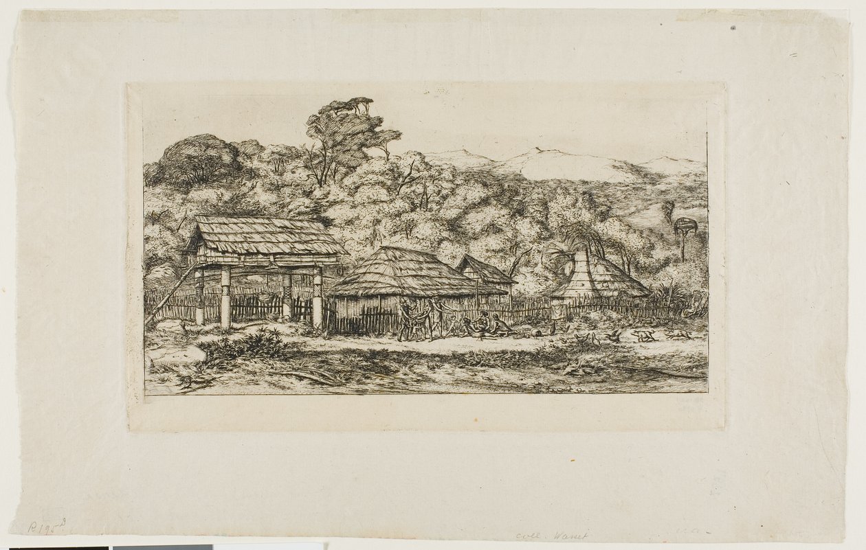 班克斯半岛阿卡罗阿的土著谷仓和小屋，1845 年 作者 查尔斯·梅里昂
