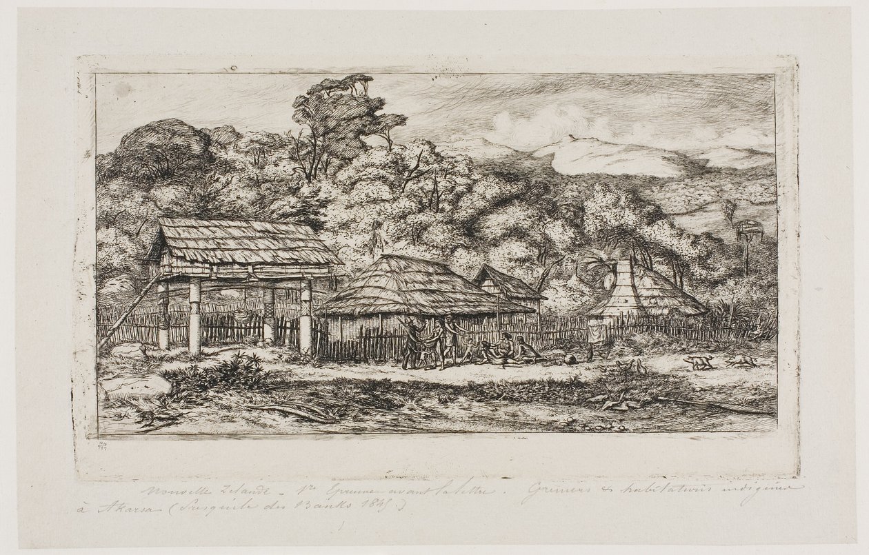 班克斯半岛阿卡罗阿的土著谷仓和小屋，1845 年 作者 查尔斯·梅里昂