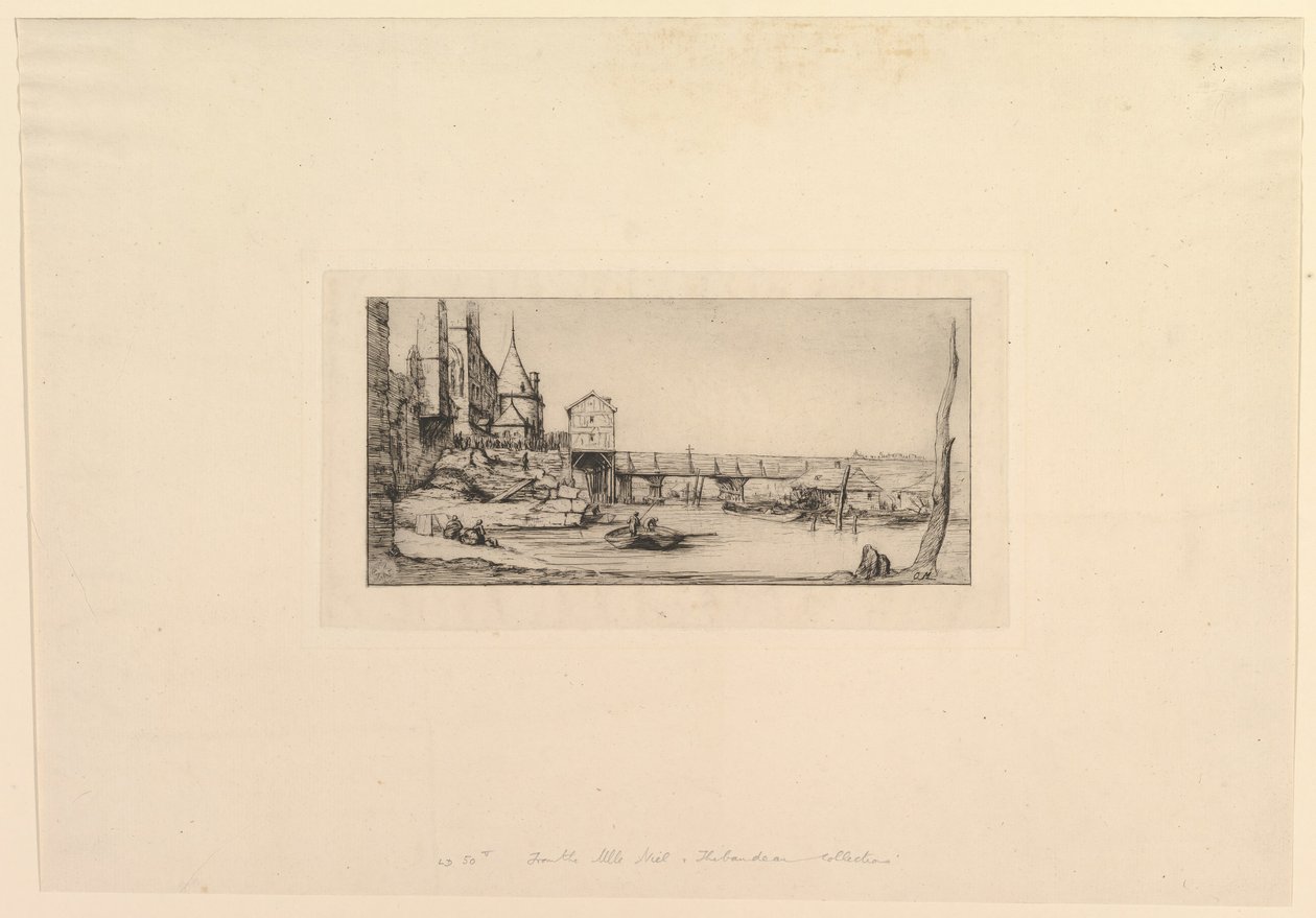 1621年大火过后，Pont-au-Change人行天桥临时取代……，1860年。 作者 查尔斯·梅里昂