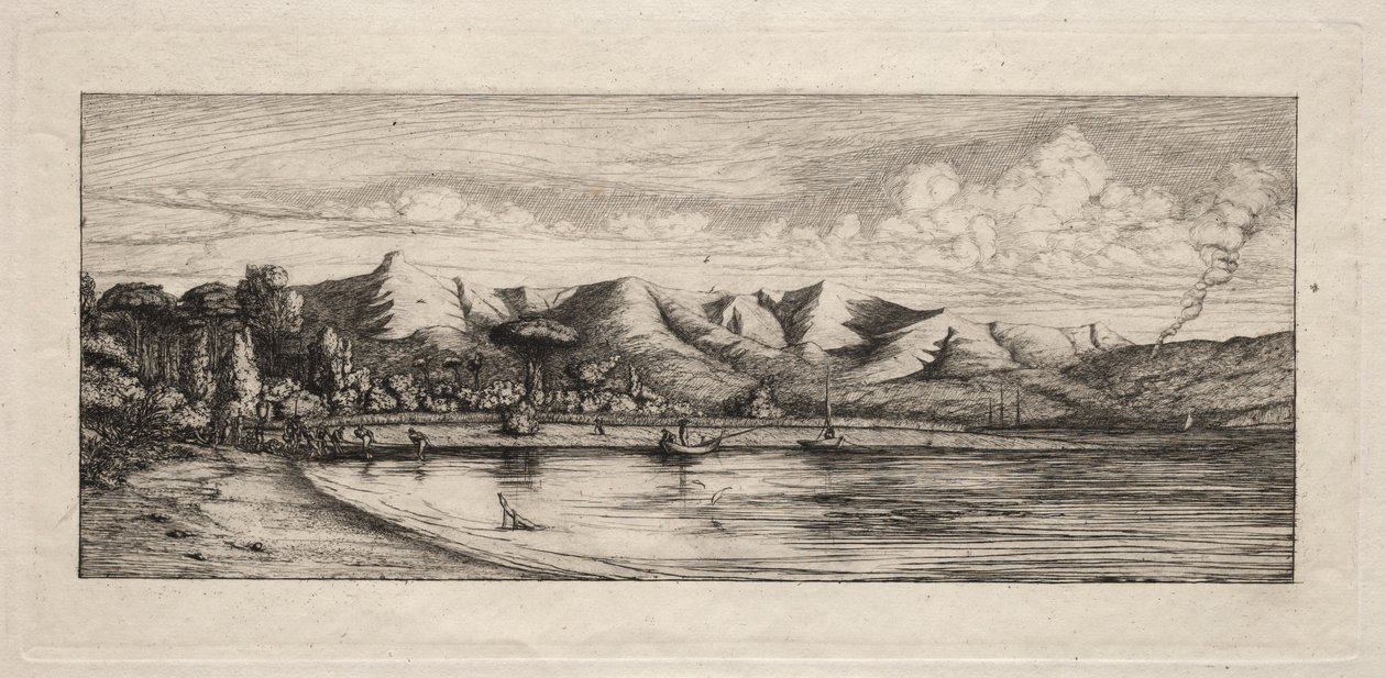 塞纳河（Seine）在阿卡罗阿（Akaroa）的木炭燃烧点钓鱼，1865年。 作者 查尔斯·梅里昂