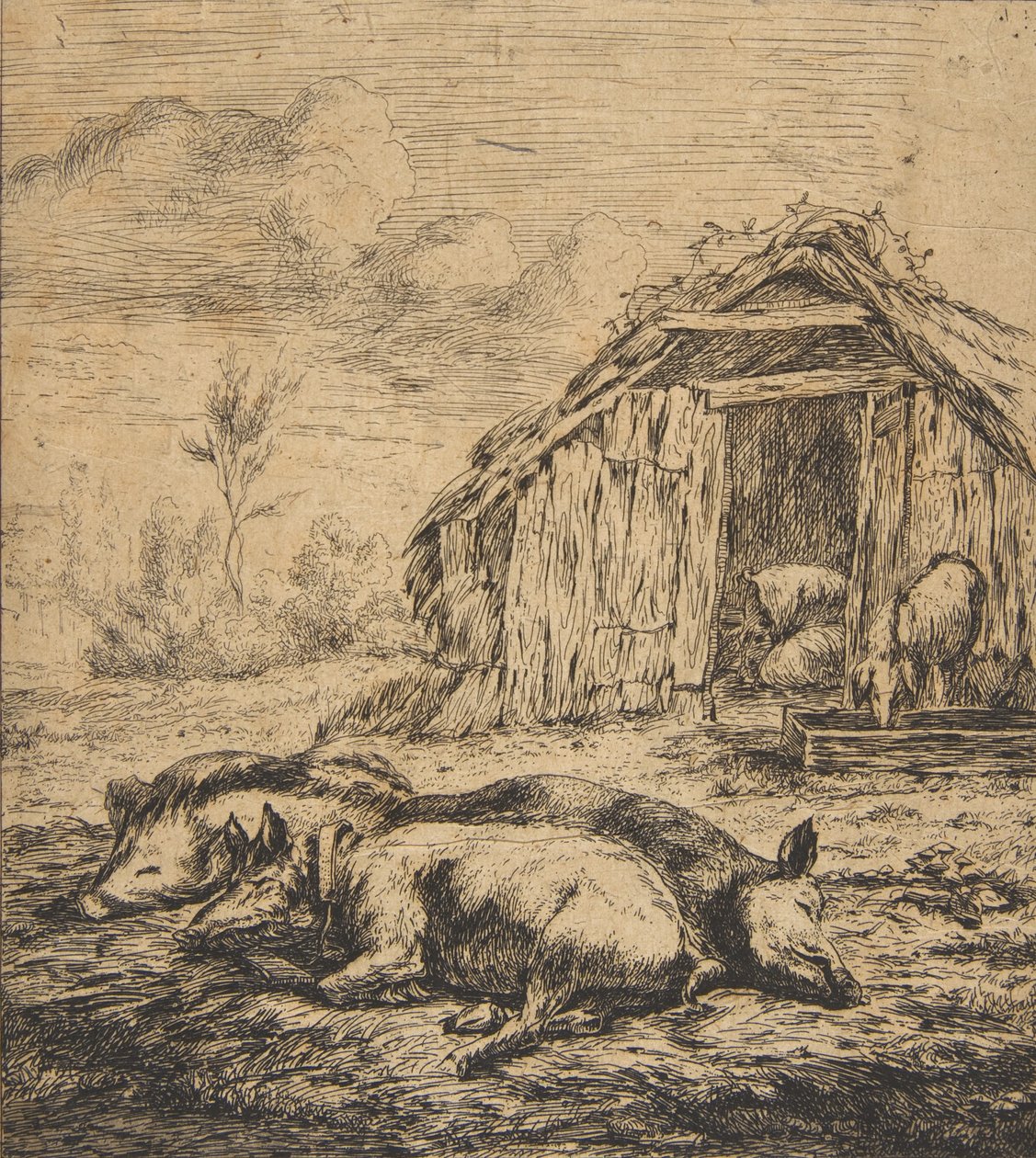 躺在棚子前的三只猪，1850年。 作者 查尔斯·梅里昂