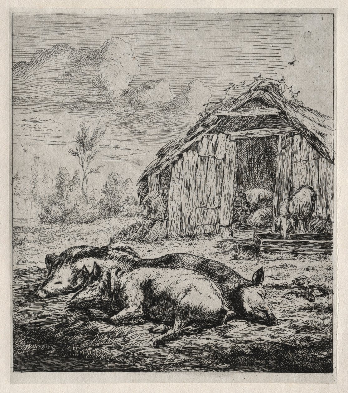 三只猪躺在猪圈前，1850年。 作者 查尔斯·梅里昂