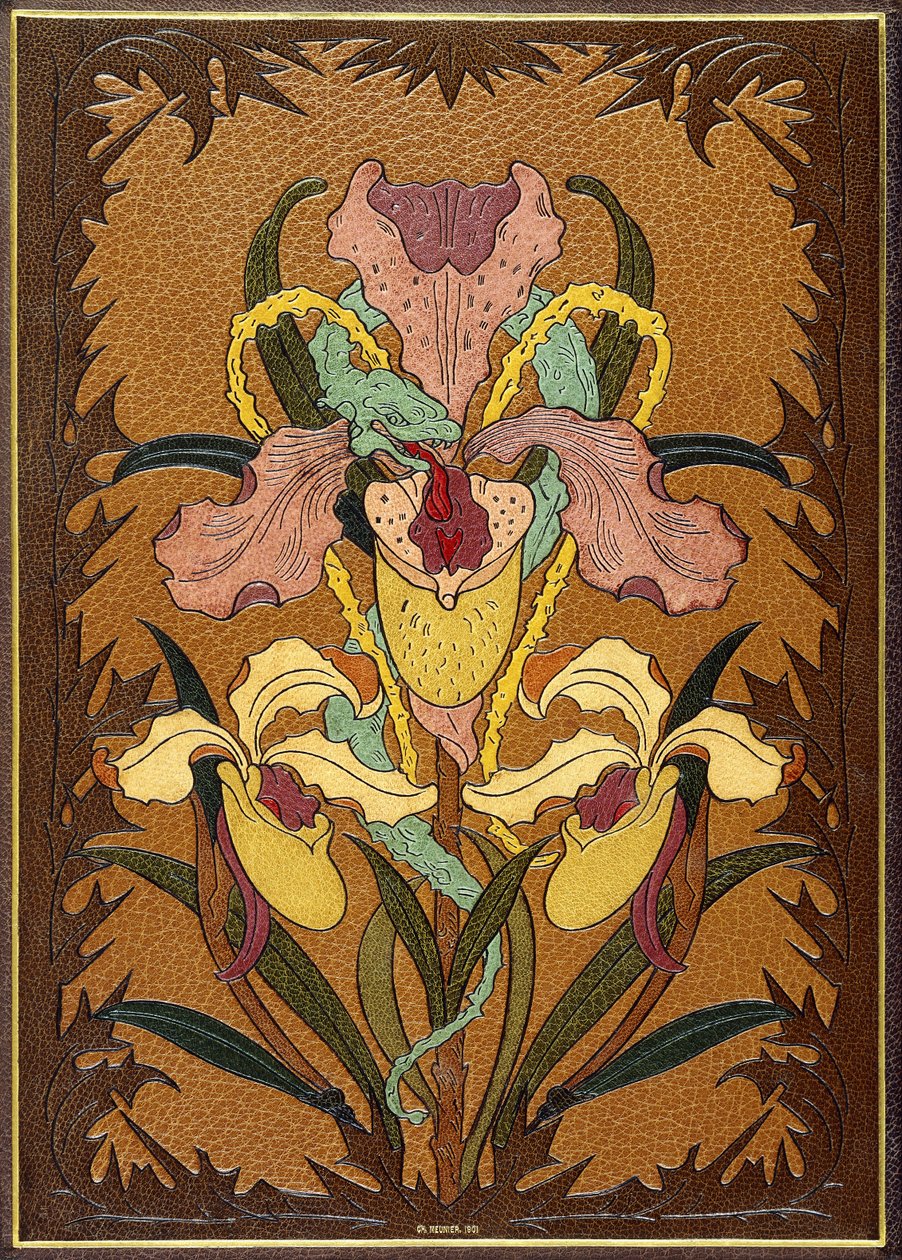 查尔斯·鲍德莱尔（Charles Baudelaire）的《 Les Fleurs du Mal》衬里，描绘了一条虹膜缠绕的蛇 作者 查尔斯·穆尼耶
