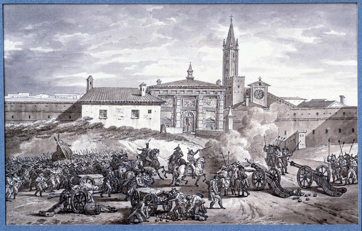 Campaigns of Italy: “” Napoleon Bonaparte (1769-1821) and marechal Augereau set a door of Verona in Italy with a cannon in 1796””” Drawing in the pen attributed to Charles Meynier (1768-1832). Dim. 0,25x0,4 m. Paris, Louvre Museum 作者 查尔斯梅尼尔