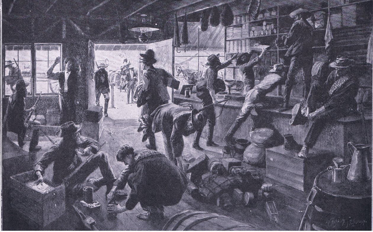 布尔人抢劫格兰奇河的一家商店，比勒陀利亚后的插图：游击队战争，1902年 作者 查尔斯·米尔斯·谢尔顿