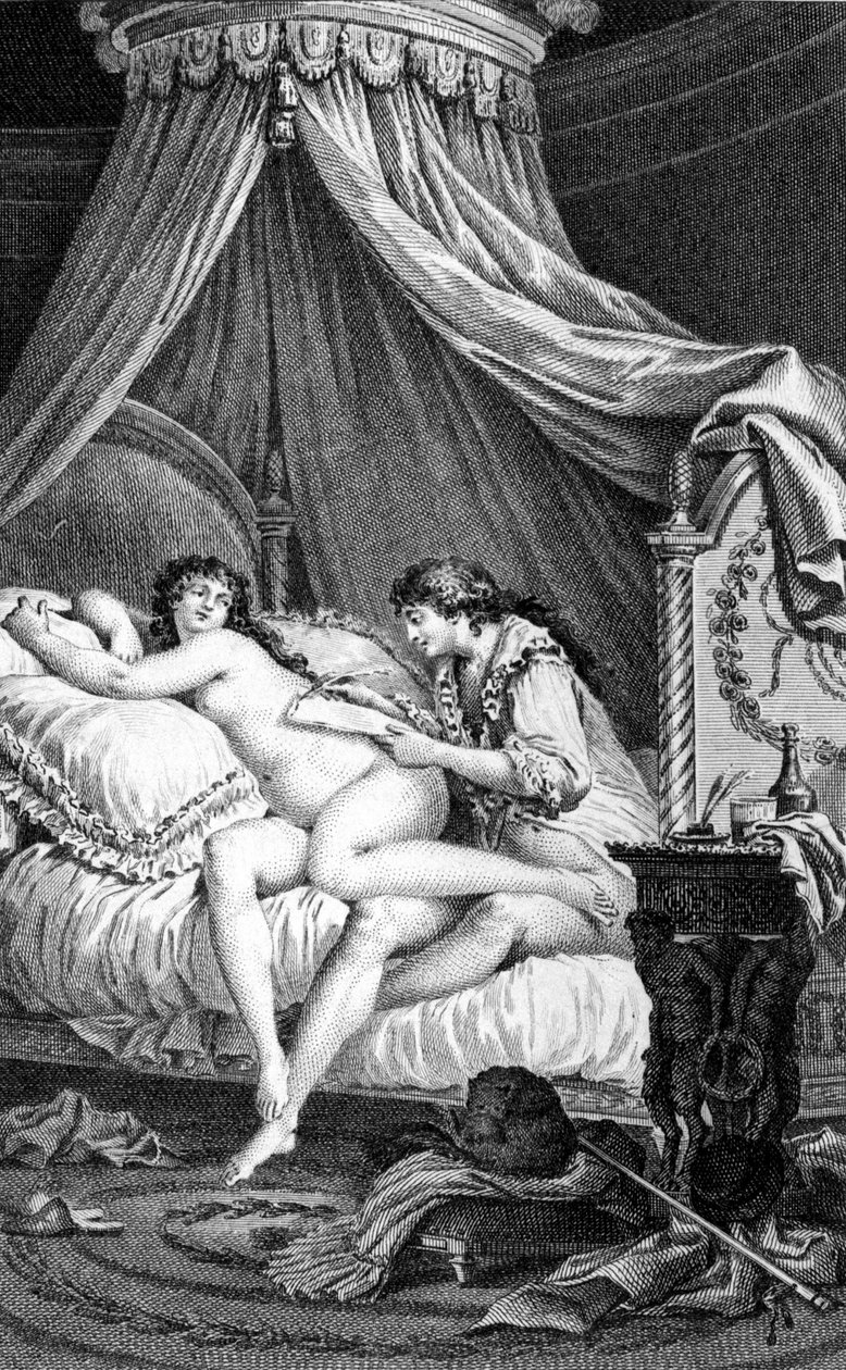 Choderlos de Laclos 为“Les Liaisons riskeuses”提供的插图。 Charles Monnet (1732 - 1808) 的雕刻：Valmont 在 Emilie（妓女）的背面写了一封信。 作者 查尔斯·莫奈