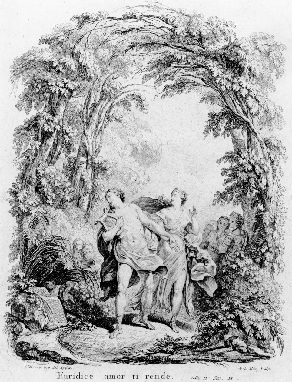 俄耳甫斯带领欧律狄刻走出地狱，克里斯托弗·冯·格鲁克 (1714-87) 的歌剧《俄耳甫斯与欧律狄刻》的插图 作者 查尔斯·莫奈