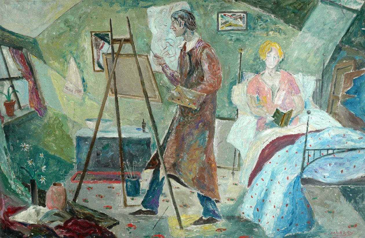 自画像，艺术家在他的工作室（硬板油画） 作者 查尔斯·默里