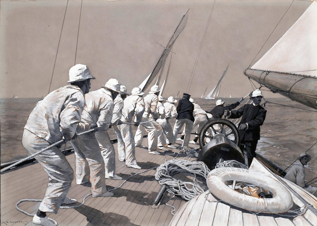 国王杯帆船赛冠军布林希尔德号赛船升起主帆。水墨画（37.4x46.1 厘米），作者 Charles M. Padday（？ 作者 查尔斯·默里·帕迪