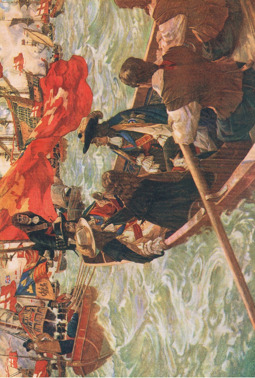查理二世回家》，插图选自《英国人民史》，韦弗利出版社出版，约 1940 年（彩色石版印刷）。 作者 查尔斯·默里·帕迪