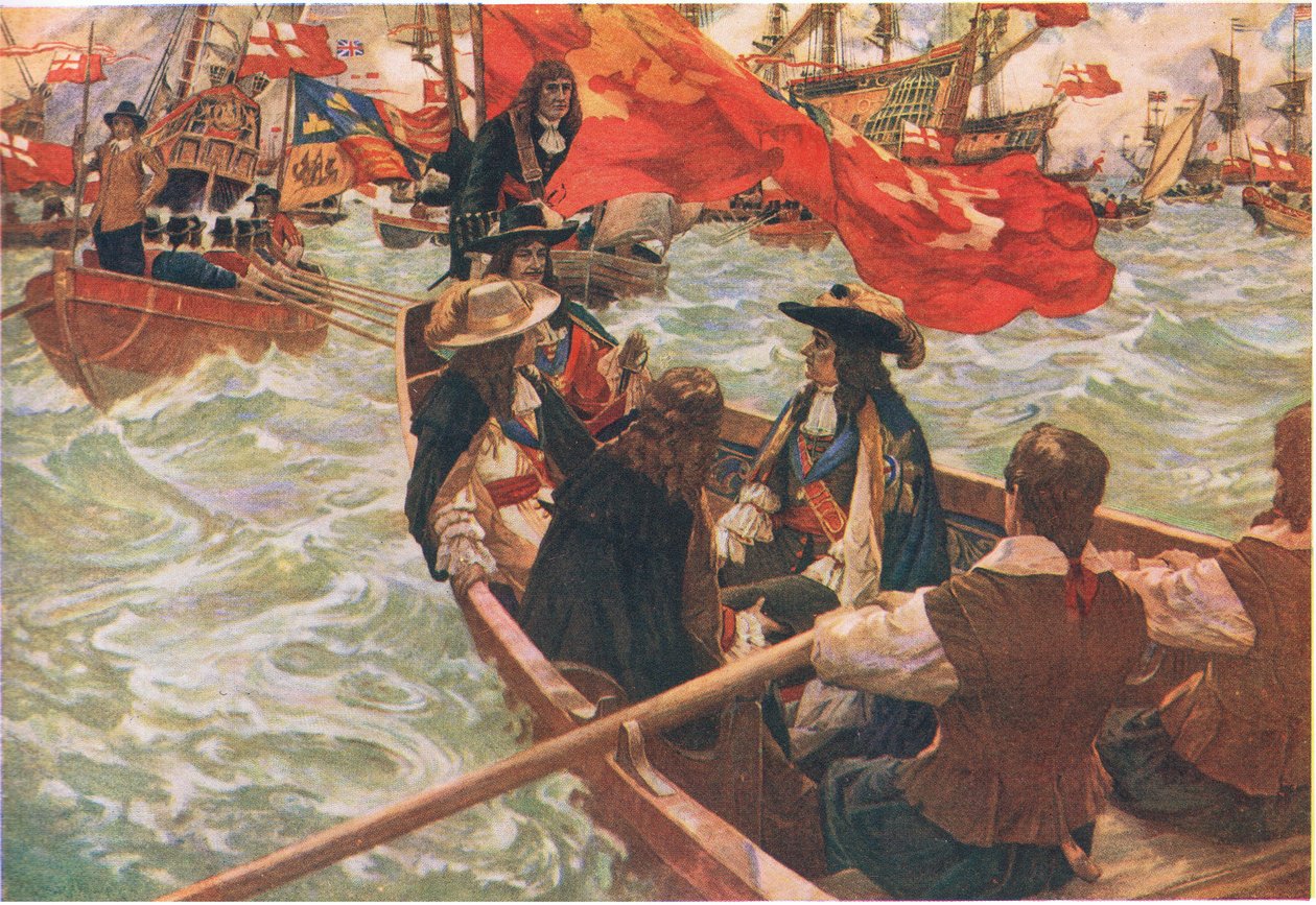 查理二世回家》，选自韦弗利图书有限公司出版的《卡塞尔斯英国人史》，约 1940 年（彩色石印版） 作者 查尔斯·默里·帕迪