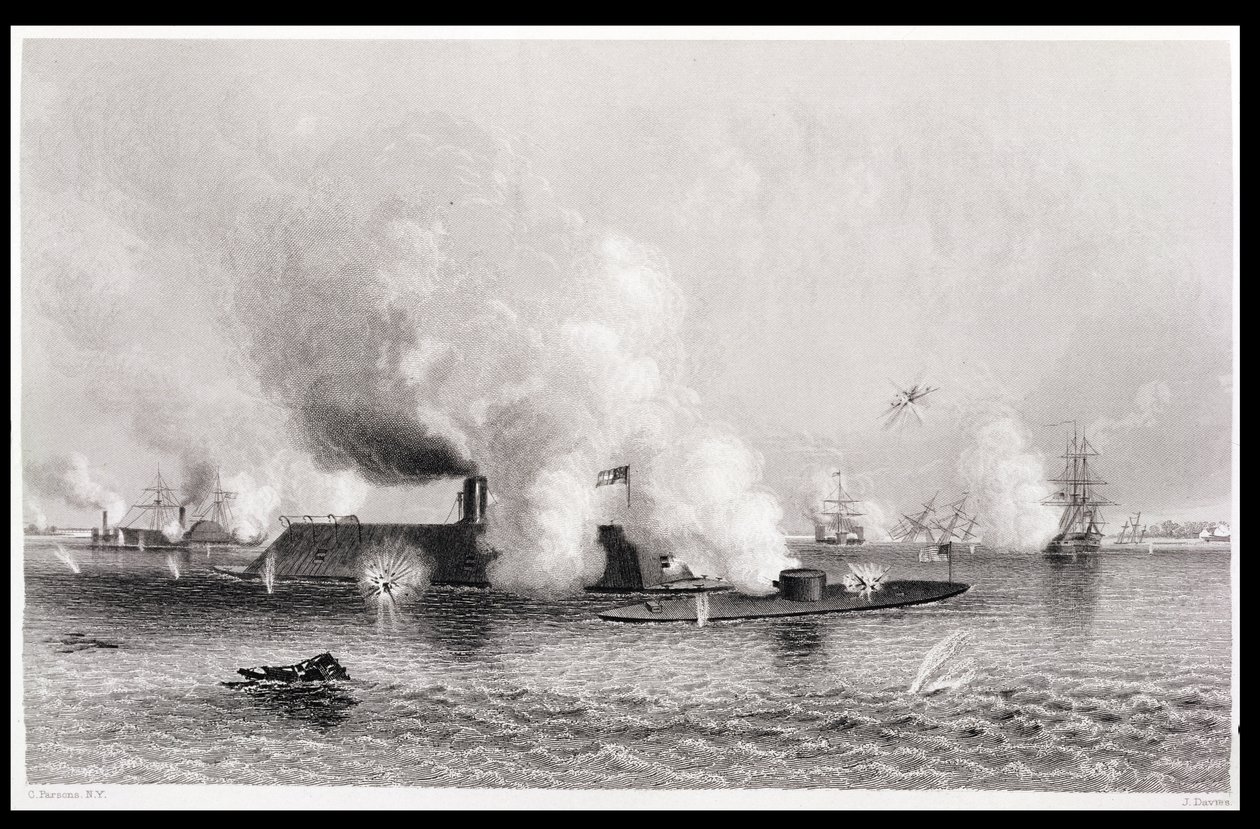 1862年3月9日“监视器”和“Merrimack”之间的关系，来自“美国的历史”，Vol。二，由J.戴维斯雕刻的查尔斯麦凯 作者 查尔斯·帕森斯