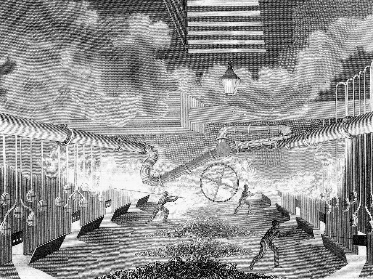 煤气厂的一般视图，显示了被充电的蒸馏瓶，1835年 作者 查尔斯·帕丁顿