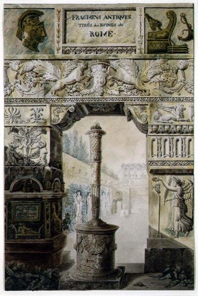 来自古罗马的古董碎片，设计了一个标题页，出自Charles Percier和Francois Leonard Fontaine(1762-1853)的《Palais, Maisons et Autres Edifices Modernes, Dessines a Rome》，出版了。巴黎 作者 查尔斯·珀西耶