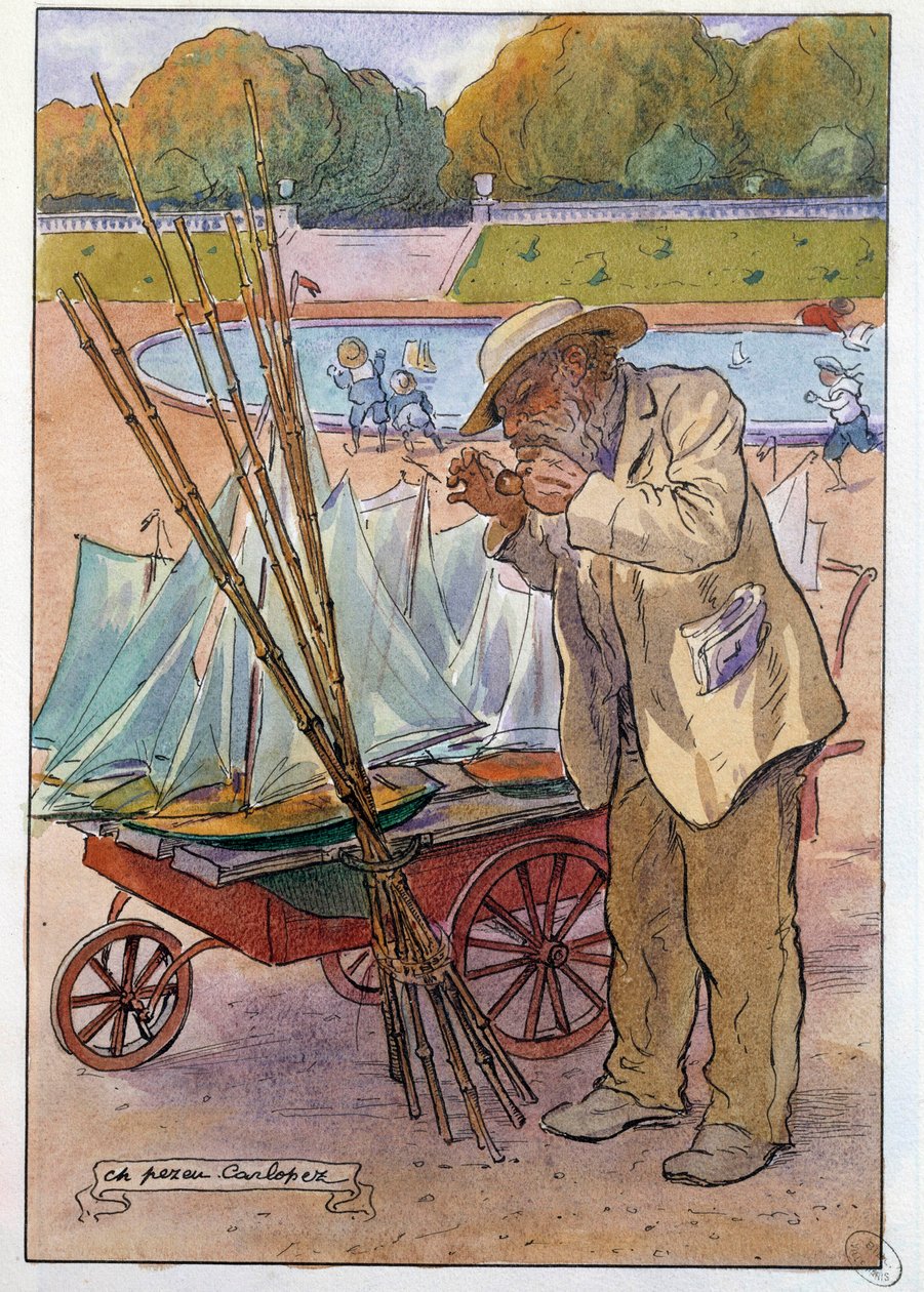1909 年杜伊勒利花园的船商 夏尔-佩佐-迪特-卡洛佩兹（Charles Pezeu dit Carlopez）绘图（20 世纪 作者 查尔斯·佩泽·卡洛佩兹