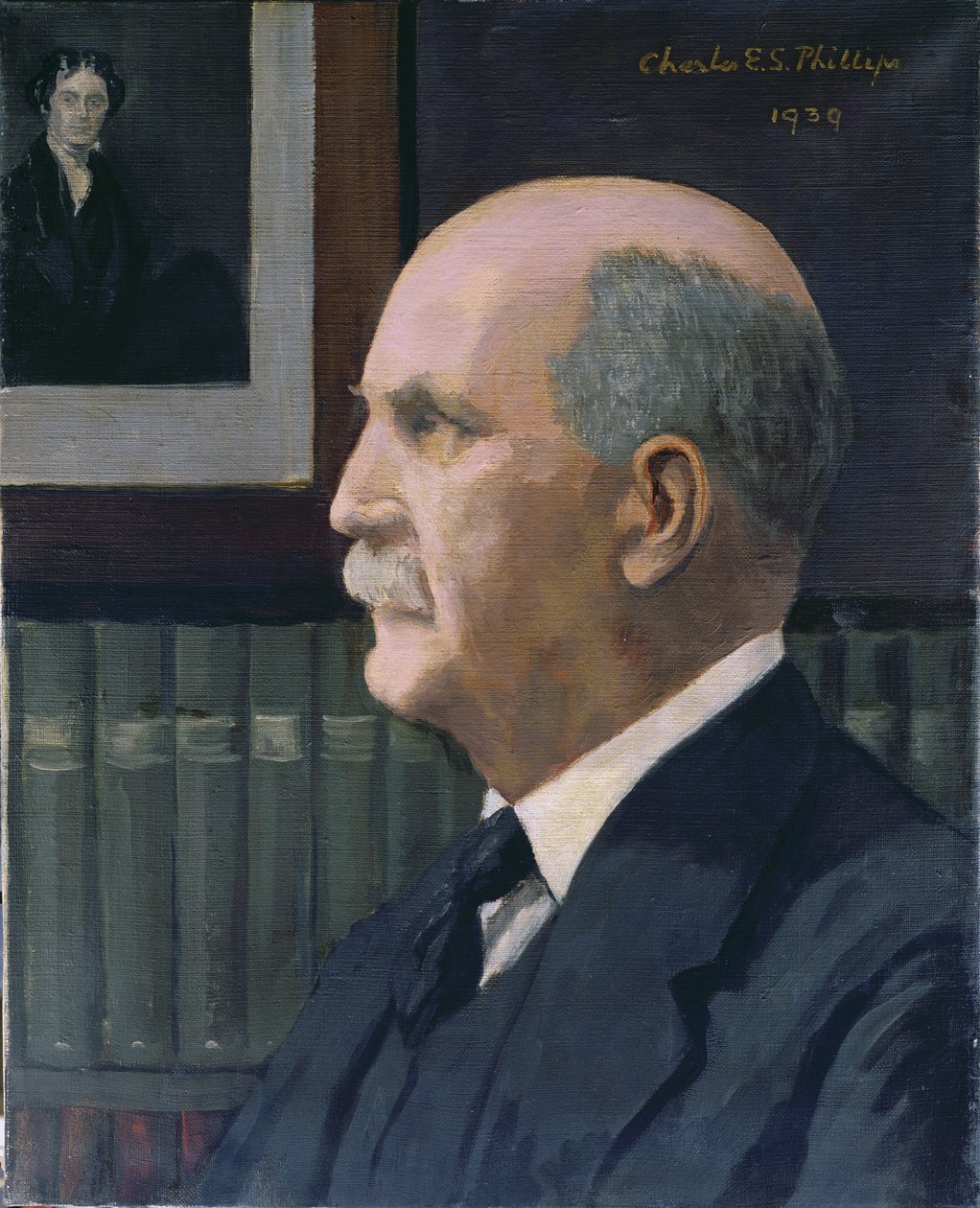 威廉·亨利·布拉格（William Henry Bragg，1862-1942），背景是Michael Faraday（1791-1867）的背景，1939年 作者 查尔斯·菲利普斯