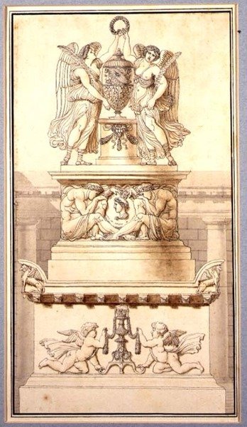 罗马将军葬礼纪念碑设计，约1800年（纸上粉笔、钢笔、水墨）。 作者 查尔斯·皮埃尔·约瑟夫·诺曼德
