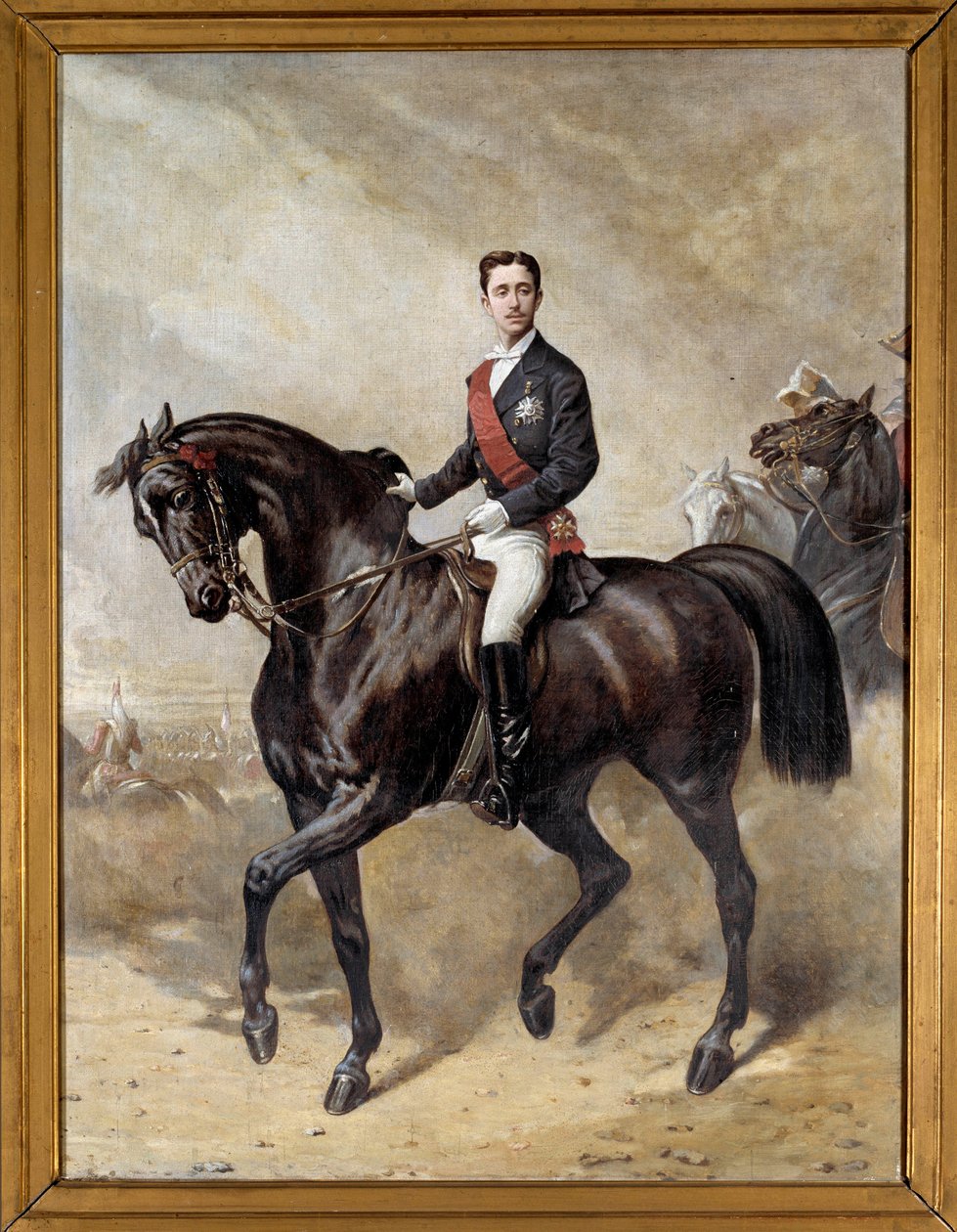 拿破仑三世 (1856 - 1879) 之子尤金·路易斯·拿破仑王子的骑马肖像。 Charles Porion 的绘画（19 世纪） 作者 查尔斯·波里恩