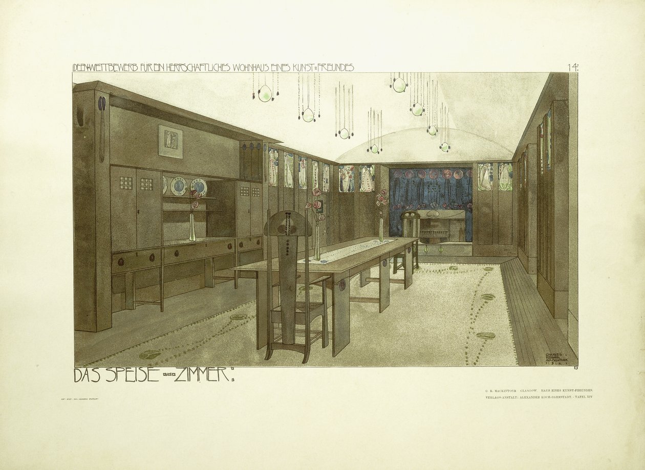 饭厅，约1901年（彩色石版画） 作者 查尔斯·雷尼（后）麦金托什