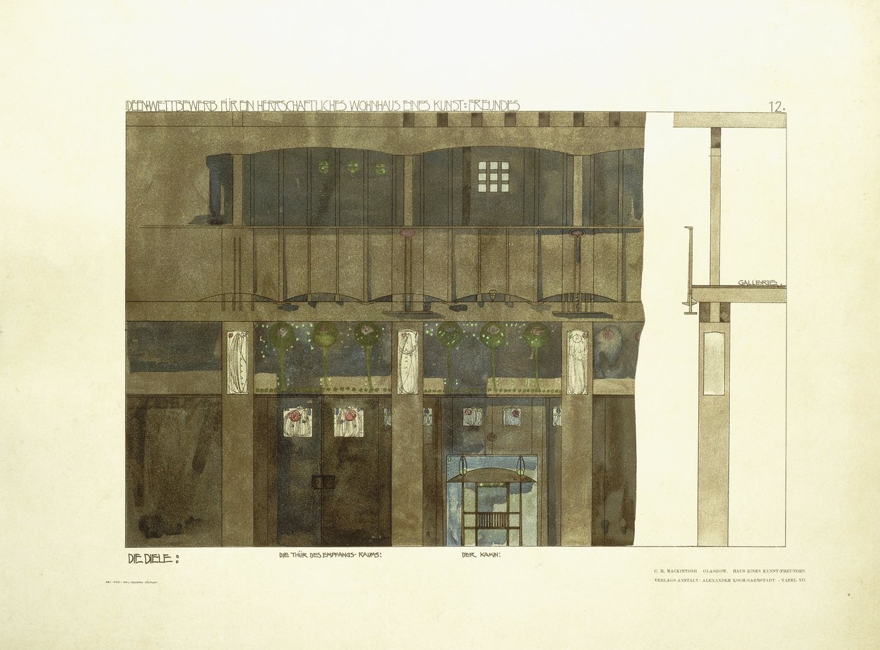 入口大厅，约1901年（彩色石版画） 作者 查尔斯·雷尼（后）麦金托什
